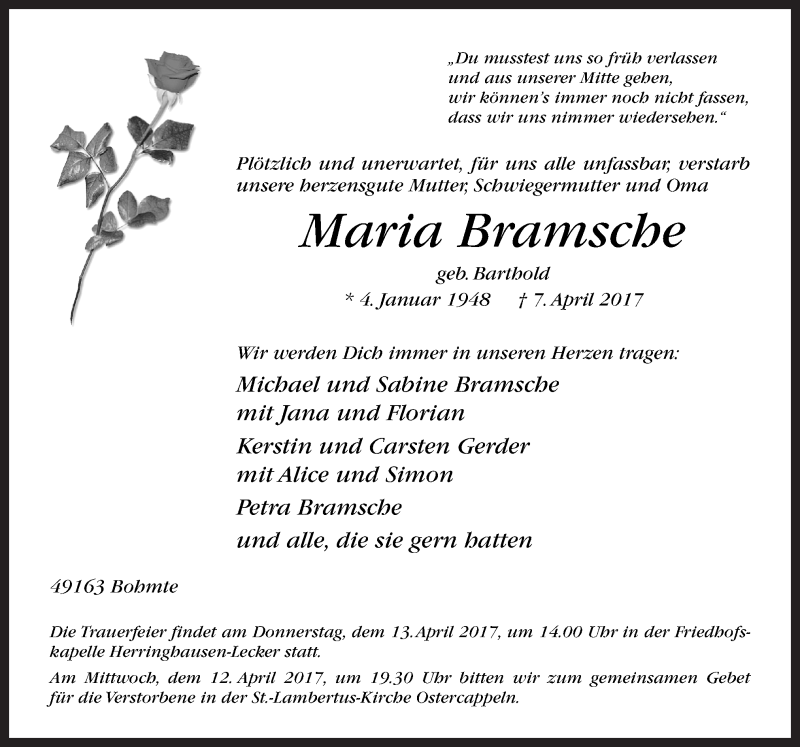  Traueranzeige für Maria Bramsche vom 11.04.2017 aus Neue Osnabrücker Zeitung GmbH & Co. KG