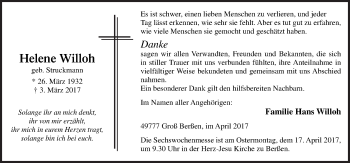 Traueranzeige von Helene Willoh von Neue Osnabrücker Zeitung GmbH & Co. KG