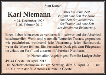 Traueranzeige von Karl Niemann von Neue Osnabrücker Zeitung GmbH & Co. KG