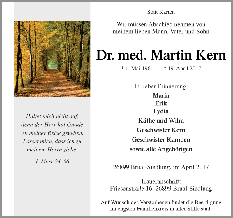  Traueranzeige für Martin Kern vom 21.04.2017 aus Neue Osnabrücker Zeitung GmbH & Co. KG