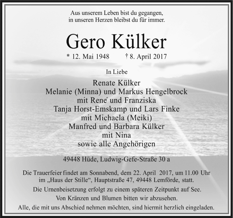  Traueranzeige für Gero Külker vom 15.04.2017 aus Neue Osnabrücker Zeitung GmbH & Co. KG