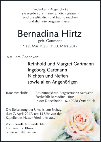 Traueranzeige von Bernadina Hirtz von Neue Osnabrücker Zeitung GmbH & Co. KG