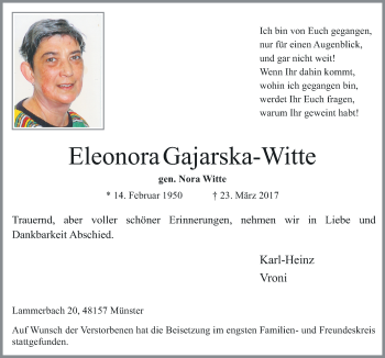 Traueranzeige von Eleonora Gajarska-Witte von Neue Osnabrücker Zeitung GmbH & Co. KG