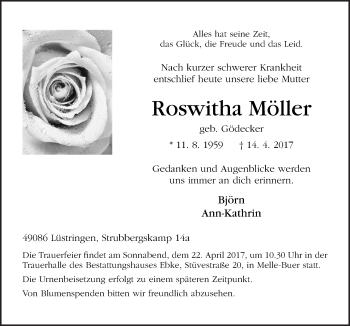 Traueranzeige von Roswitha Möller von Neue Osnabrücker Zeitung GmbH & Co. KG