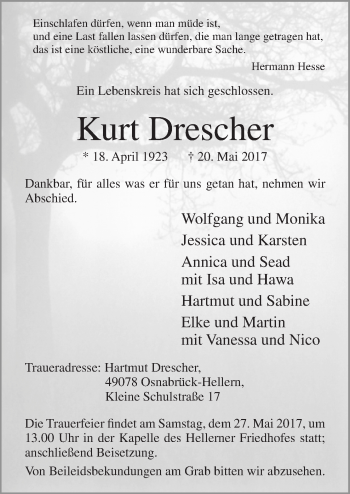 Traueranzeige von Kurt Drescher von Neue Osnabrücker Zeitung GmbH & Co. KG