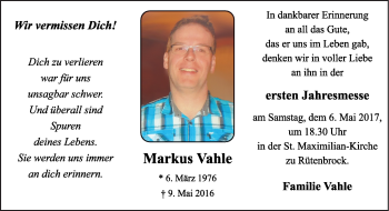 Traueranzeige von Markus Vahle von Neue Osnabrücker Zeitung GmbH & Co. KG