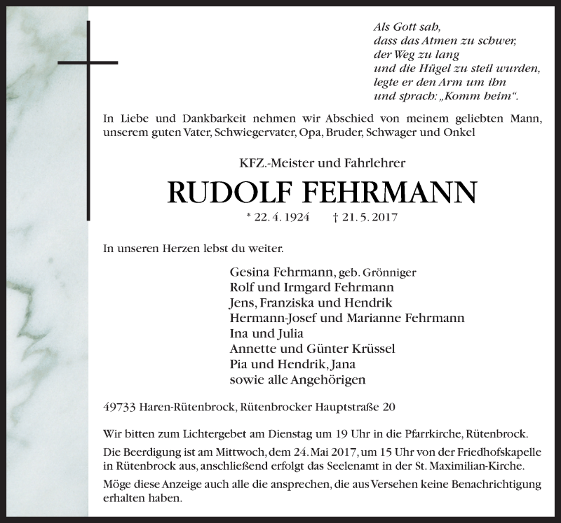  Traueranzeige für Rudolf Fehrmann vom 23.05.2017 aus Neue Osnabrücker Zeitung GmbH & Co. KG
