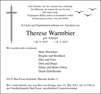 Traueranzeige von Therese Warmbier von Neue Osnabrücker Zeitung GmbH & Co. KG