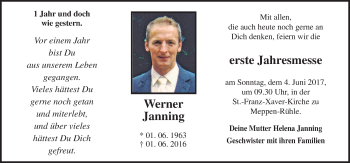 Traueranzeige von Werner Janning von Neue Osnabrücker Zeitung GmbH & Co. KG