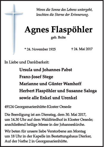 Traueranzeige von Agnes Flaspöhler von Neue Osnabrücker Zeitung GmbH & Co. KG