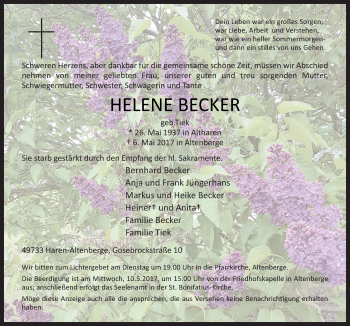 Traueranzeige von Helene Becker von Neue Osnabrücker Zeitung GmbH & Co. KG