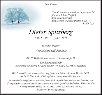 Traueranzeige von Dieter Spitzberg von Neue Osnabrücker Zeitung GmbH & Co. KG