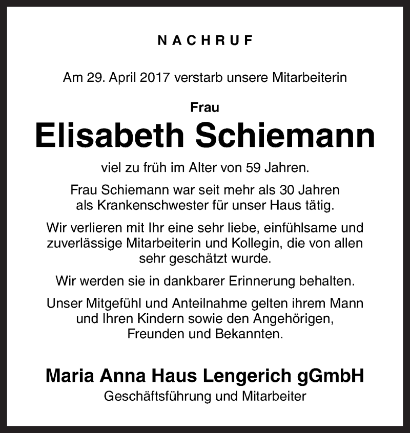  Traueranzeige für Elisabeth Schiemann vom 04.05.2017 aus Neue Osnabrücker Zeitung GmbH & Co. KG