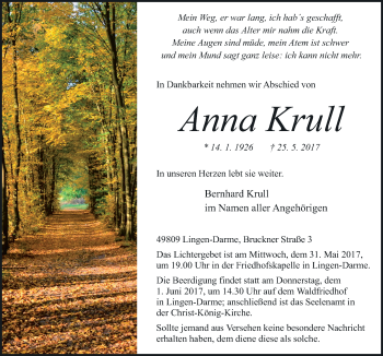 Traueranzeige von Anna Krull von Neue Osnabrücker Zeitung GmbH & Co. KG