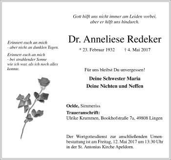 Traueranzeige von Anneliese Redeker von Neue Osnabrücker Zeitung GmbH & Co. KG