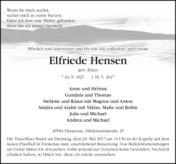 Traueranzeige von Elfriede Hensen von Neue Osnabrücker Zeitung GmbH & Co. KG