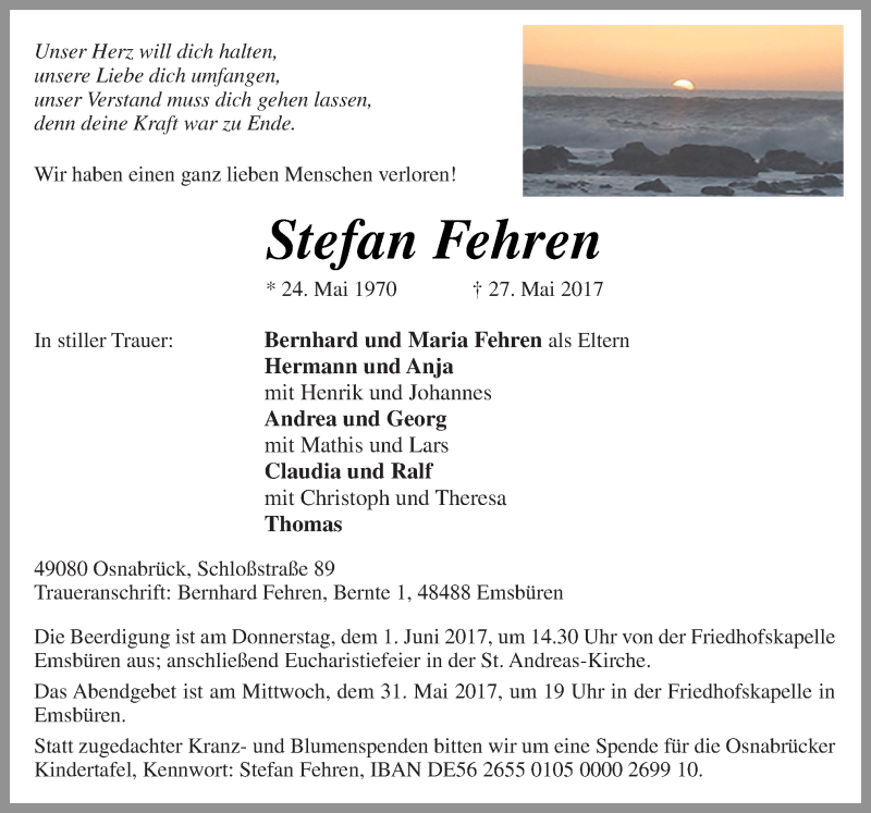  Traueranzeige für Stefan Fehren vom 30.05.2017 aus Neue Osnabrücker Zeitung GmbH & Co. KG