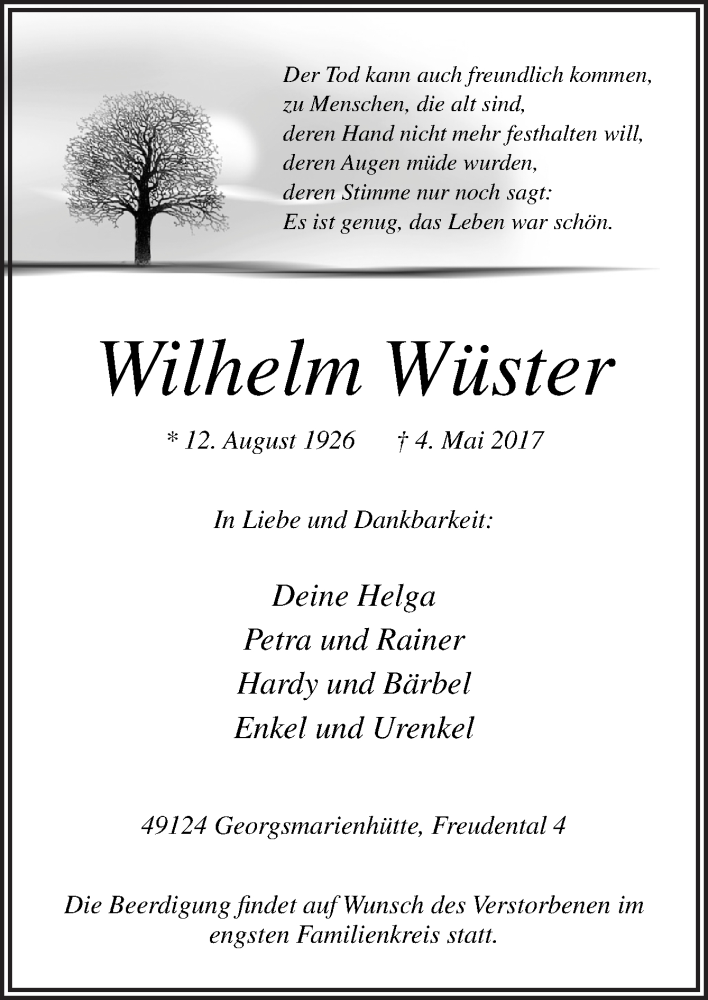 Traueranzeige für Wilhelm Wüster vom 10.05.2017 aus Neue Osnabrücker Zeitung GmbH & Co. KG