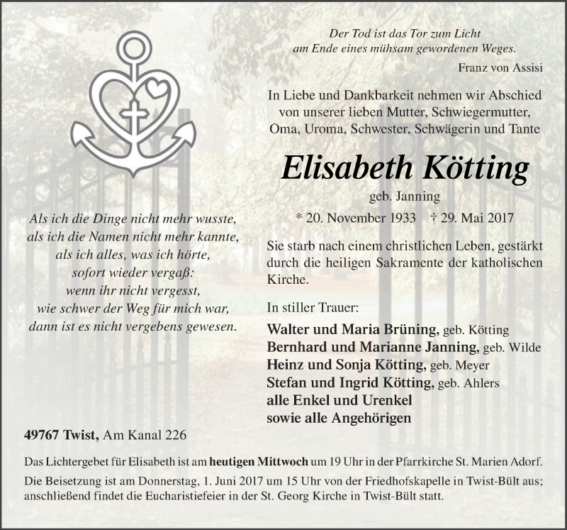  Traueranzeige für Elisabeth Kötting vom 31.05.2017 aus Neue Osnabrücker Zeitung GmbH & Co. KG