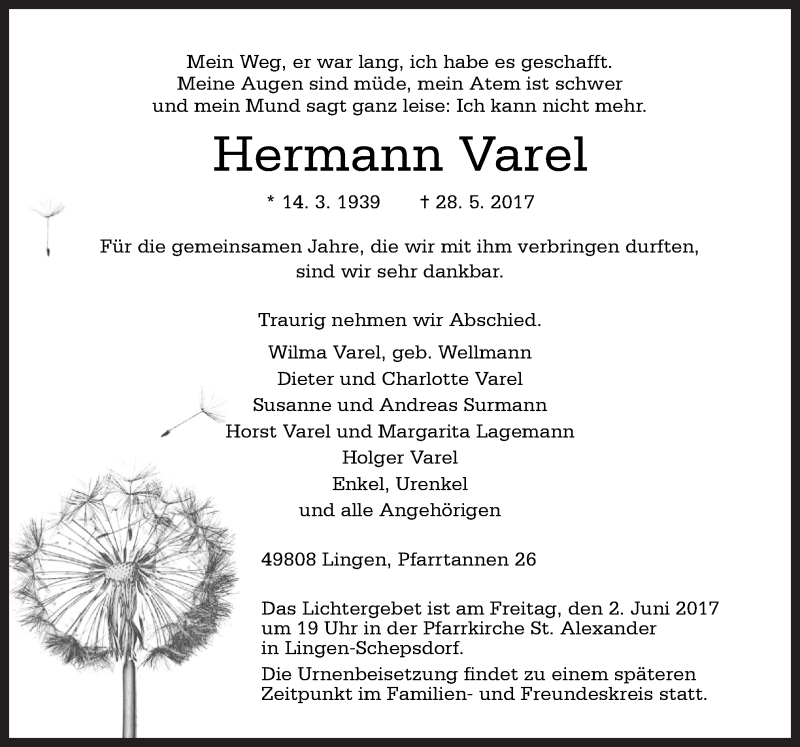  Traueranzeige für Hermann Varel vom 30.05.2017 aus Neue Osnabrücker Zeitung GmbH & Co. KG