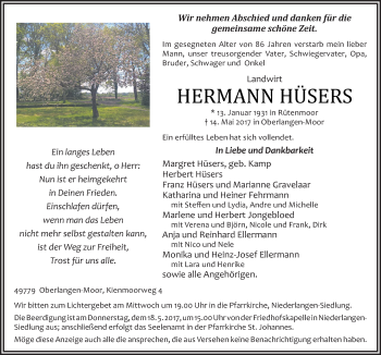 Traueranzeige von Hermann Hüsers von Neue Osnabrücker Zeitung GmbH & Co. KG