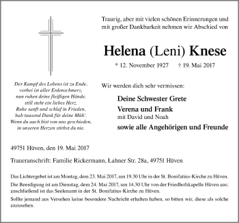 Traueranzeige von Helena  Knese von Neue Osnabrücker Zeitung GmbH & Co. KG