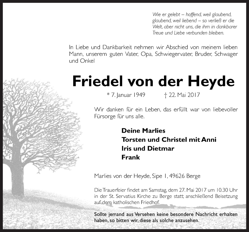  Traueranzeige für Friedel von der Heyde vom 24.05.2017 aus Neue Osnabrücker Zeitung GmbH & Co. KG