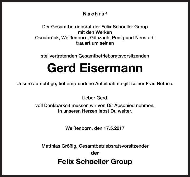  Traueranzeige für Gerd Eisermann vom 20.05.2017 aus Neue Osnabrücker Zeitung GmbH & Co. KG