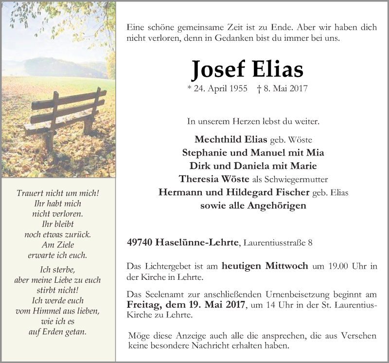  Traueranzeige für Josef Elias vom 10.05.2017 aus Neue Osnabrücker Zeitung GmbH & Co. KG