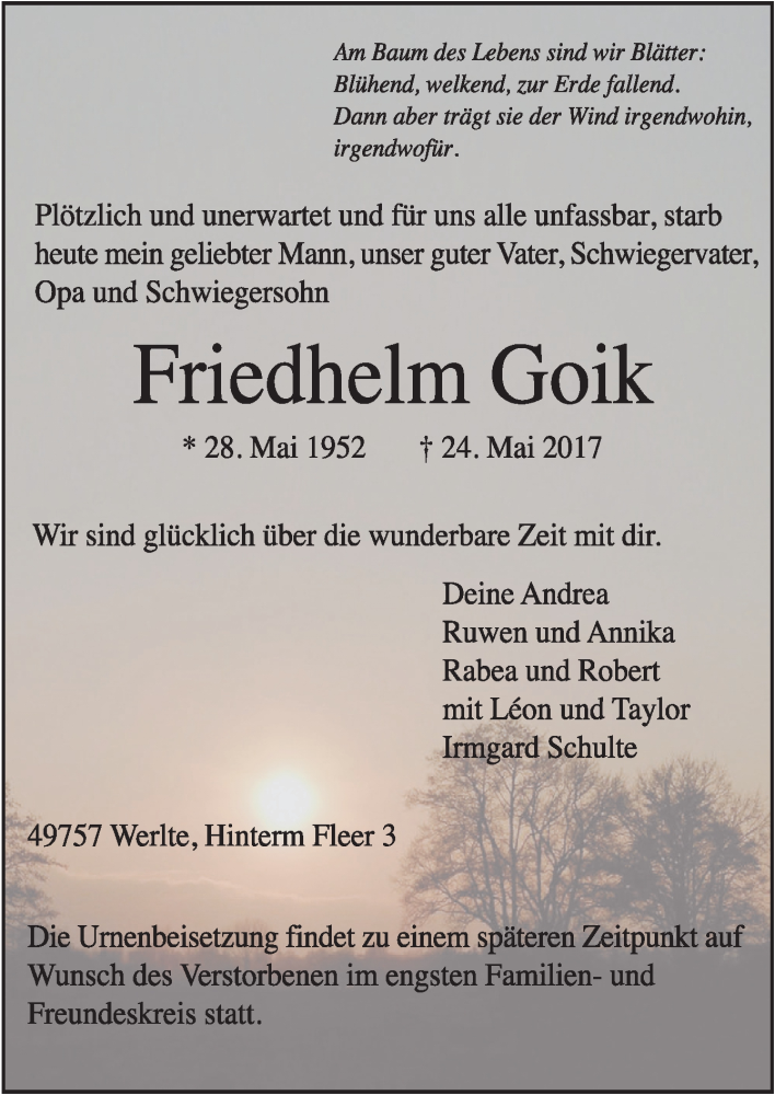  Traueranzeige für Friedhelm Goik vom 27.05.2017 aus Neue Osnabrücker Zeitung GmbH & Co. KG