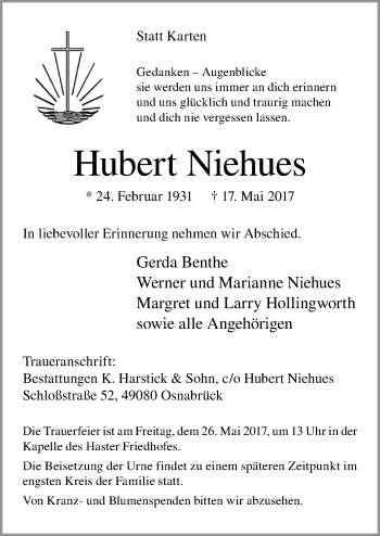 Traueranzeige von Hubert Niehues von Neue Osnabrücker Zeitung GmbH & Co. KG