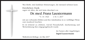 Traueranzeige von Franz Lauxtermann von Neue Osnabrücker Zeitung GmbH & Co. KG