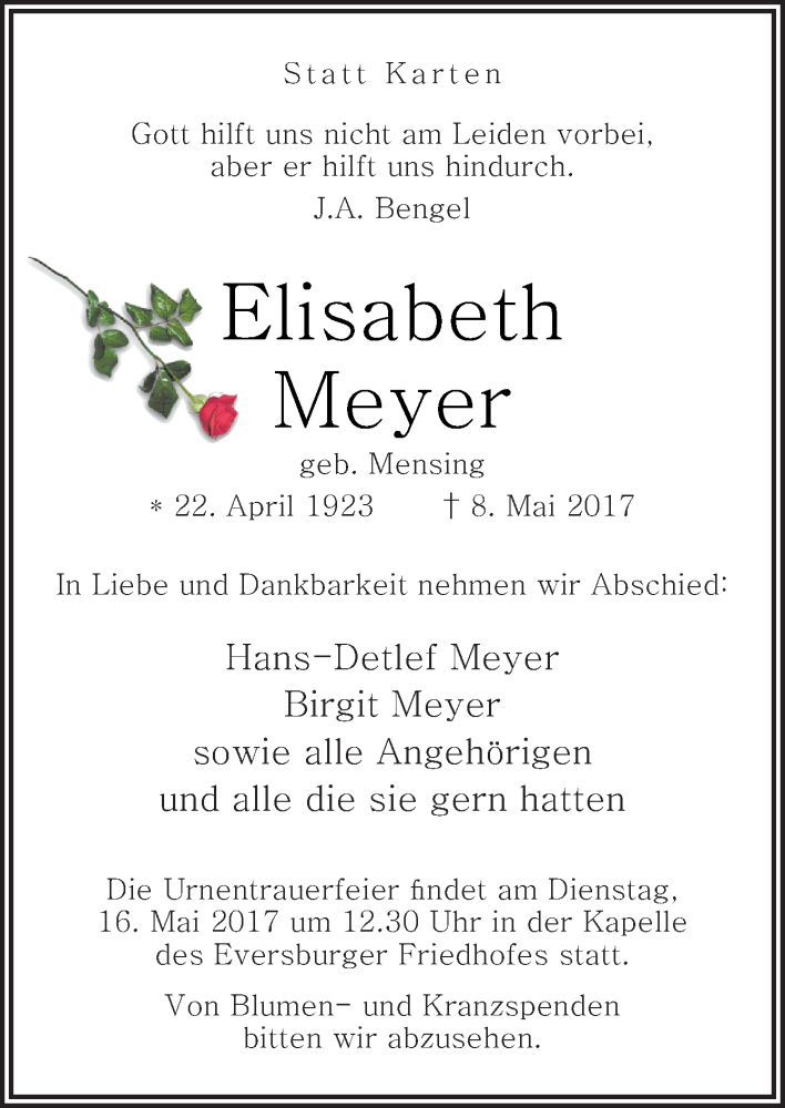  Traueranzeige für Elisabeth Meyer vom 13.05.2017 aus Neue Osnabrücker Zeitung GmbH & Co. KG