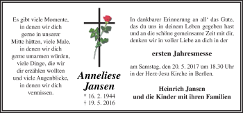 Traueranzeige von Anneliese Jansen von Neue Osnabrücker Zeitung GmbH & Co. KG