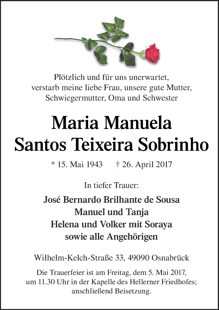  Traueranzeige für Maria Manuela Santos Teixeira Sobrinho vom 03.05.2017 aus Neue Osnabrücker Zeitung GmbH & Co. KG