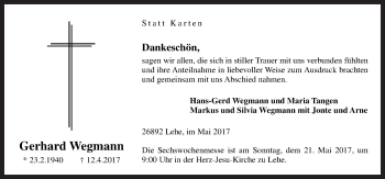 Traueranzeige von Gerhard Wegmann von Neue Osnabrücker Zeitung GmbH & Co. KG