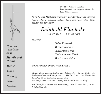 Traueranzeige von Reinhold Klaphake von Neue Osnabrücker Zeitung GmbH & Co. KG