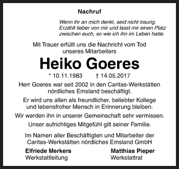 Traueranzeige von Heiko Goeres von Neue Osnabrücker Zeitung GmbH & Co. KG