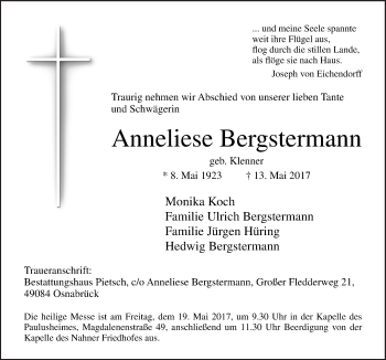 Traueranzeige von Anneliese Bergstermann von Neue Osnabrücker Zeitung GmbH & Co. KG