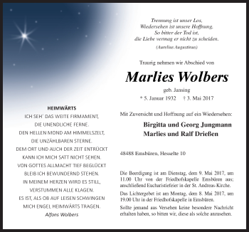 Traueranzeige von Marlies Wolbers von Neue Osnabrücker Zeitung GmbH & Co. KG