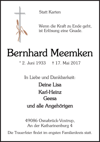 Traueranzeige von Bernhard Meemken von Neue Osnabrücker Zeitung GmbH & Co. KG