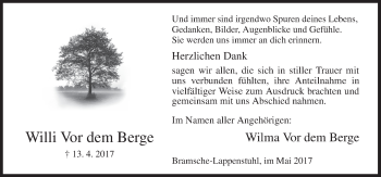 Traueranzeige von Willi  Vor dem Berge von Neue Osnabrücker Zeitung GmbH & Co. KG