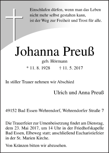 Traueranzeige von Johanna Preuß von Neue Osnabrücker Zeitung GmbH & Co. KG