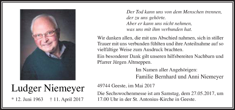 Traueranzeige für Ludger Niemeyer vom 24.05.2017 aus Neue Osnabrücker Zeitung GmbH & Co. KG