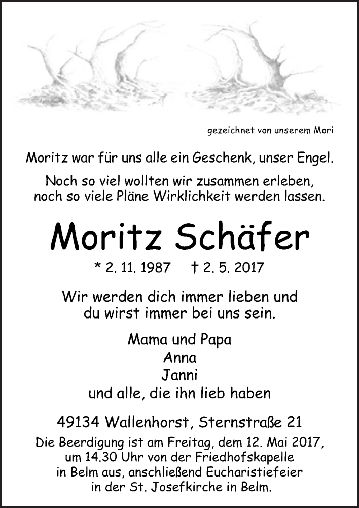  Traueranzeige für Moritz Schäfer vom 06.05.2017 aus Neue Osnabrücker Zeitung GmbH & Co. KG