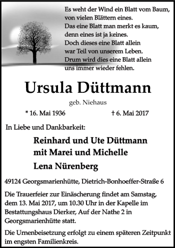 Traueranzeige von Ursula Düttmann von Neue Osnabrücker Zeitung GmbH & Co. KG