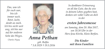 Traueranzeige von Anna Pethan von Neue Osnabrücker Zeitung GmbH & Co. KG