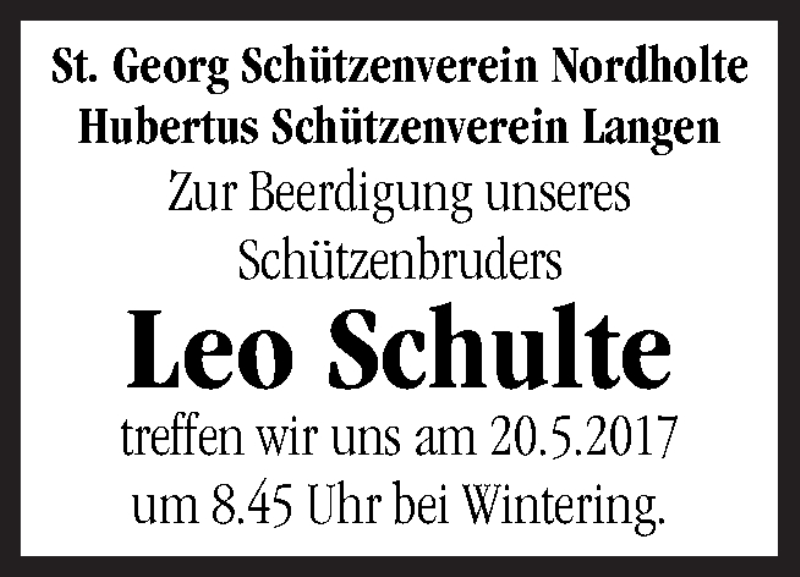  Traueranzeige für Leo Schulte vom 18.05.2017 aus Neue Osnabrücker Zeitung GmbH & Co. KG