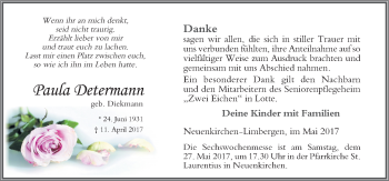 Traueranzeige von Paula Determann von Neue Osnabrücker Zeitung GmbH & Co. KG