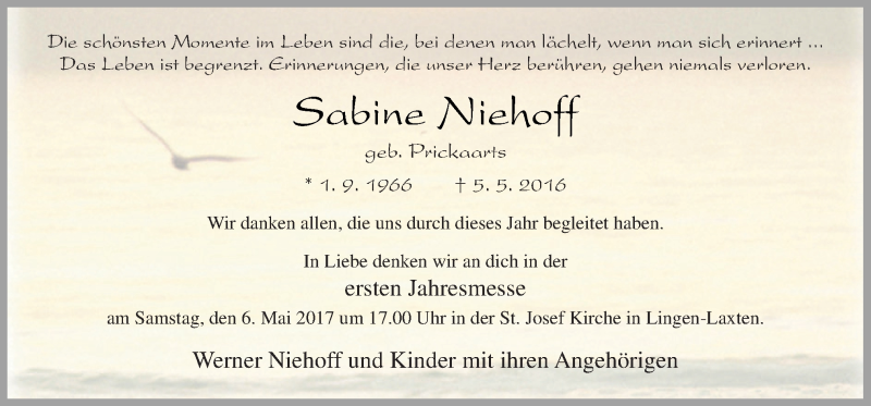  Traueranzeige für Sabine Niehoff vom 03.05.2017 aus Neue Osnabrücker Zeitung GmbH & Co. KG